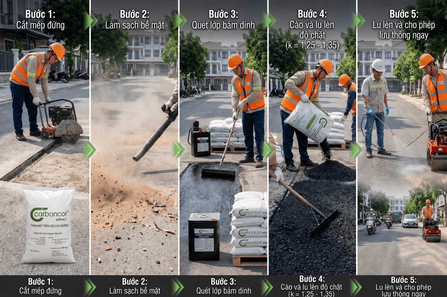 Quy trình 5 bước thi công bê tông nhựa nguội Carboncor Asphalt bao 25kg chuẩn kỹ thuật từ cắt mép thổi bụi đến lu lèn thông xe