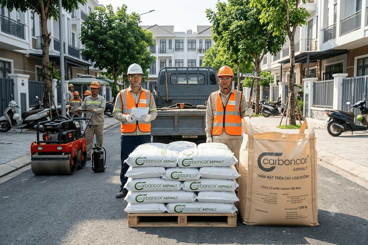 Quy trình thi công Carboncor Asphalt, pallet bao Carboncor Asphalt 25kg, bao Jumbo 1 tấn