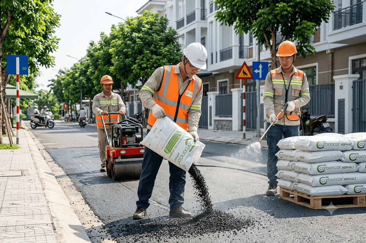 Rải thảm bê tông nhựa nguội Carboncor Asphalt 25kg, tưới nước tạo phản ứng, lu lèn mặt đường