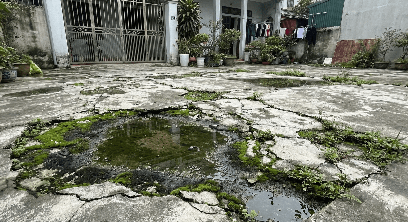 Sân bê tông bị nứt, đọng nước, mọc rêu mốc