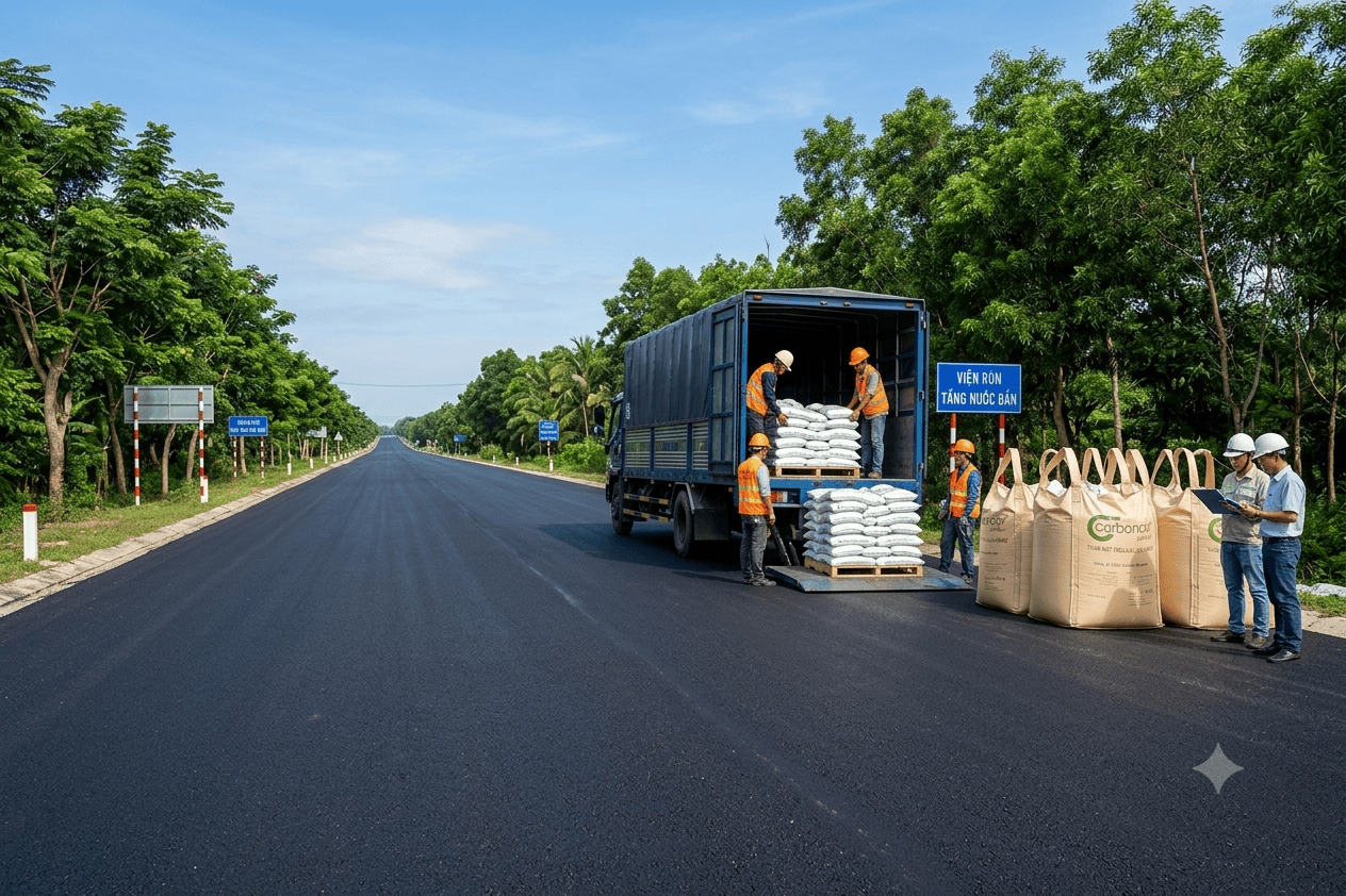 Độ bền thực tế mặt đường thảm Carboncor Asphalt theo thời gian và pallet bao 25kg bao Jumbo 1 tấn tại công trường Độ bền thực tế mặt đường thảm Carboncor Asphalt theo thời gian và pallet bao 25kg bao Jumbo 1 tấn tại công trường