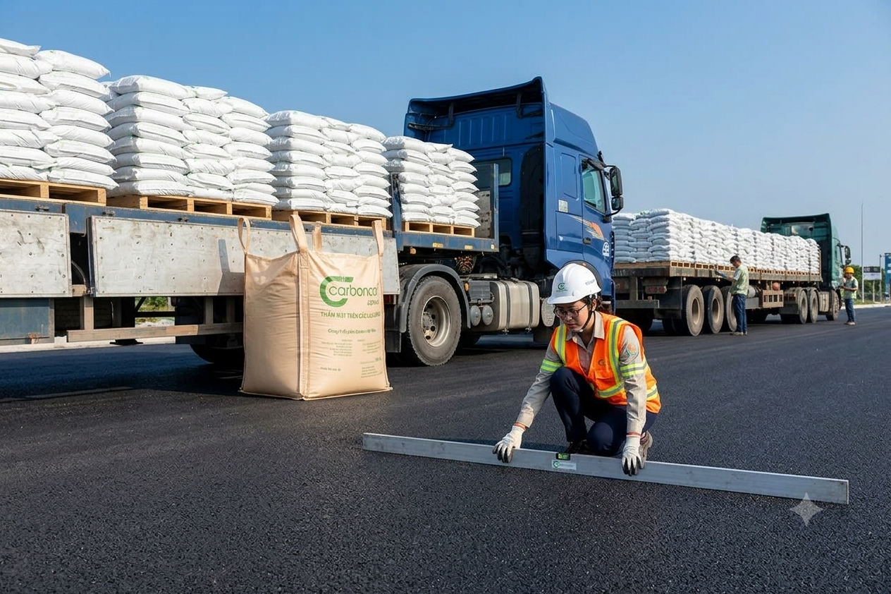 Kháng hằn lún vệt bánh xe, nghiệm thu Carboncor Asphalt, pallet bao 25kg, bao Jumbo 1 tấn Kháng hằn lún vệt bánh xe, nghiệm thu Carboncor Asphalt, pallet bao 25kg, bao Jumbo 1 tấn