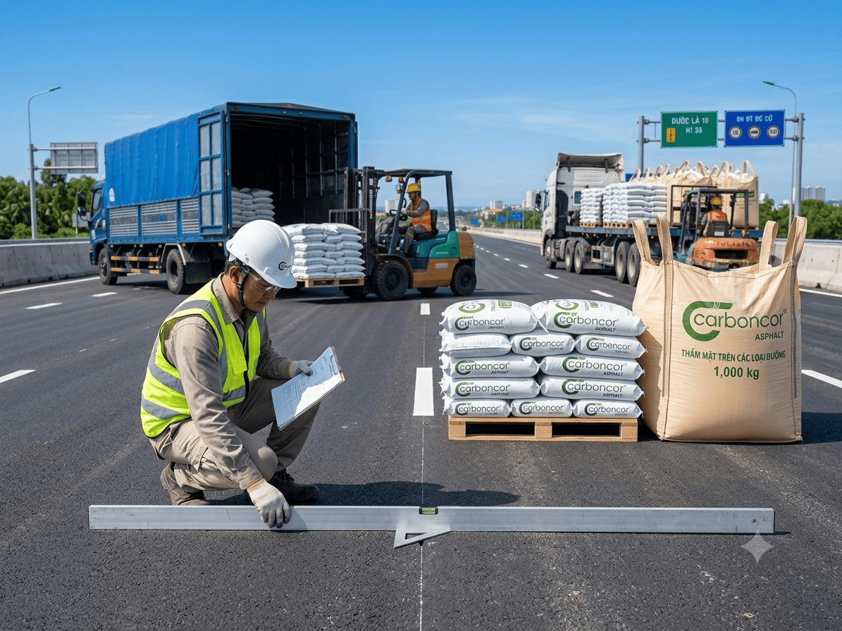 Kháng hằn lún vệt bánh xe, nghiệm thu Carboncor Asphalt, pallet bao 25kg, bao Jumbo 1 tấn