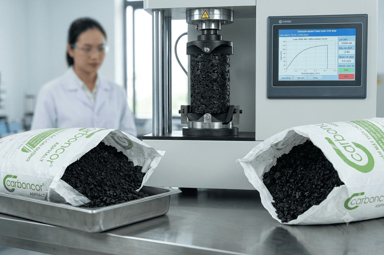 Kiểm định độ bền kháng nứt và ổn định cơ lý của mẫu bê tông nhựa Carboncor Asphalt sau chu kỳ lão hóa gia tốc Kiểm định độ bền kháng nứt và ổn định cơ lý của mẫu bê tông nhựa Carboncor Asphalt sau chu kỳ lão hóa gia tốc