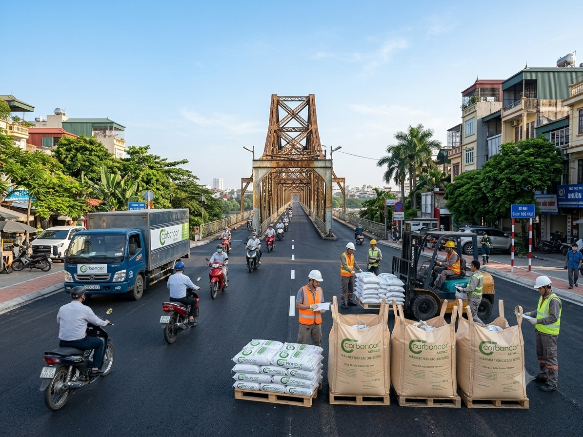 Sửa chữa mặt cầu Long Biên, bao Jumbo 1 tấn, pallet bao 25kg Carboncor Asphalt