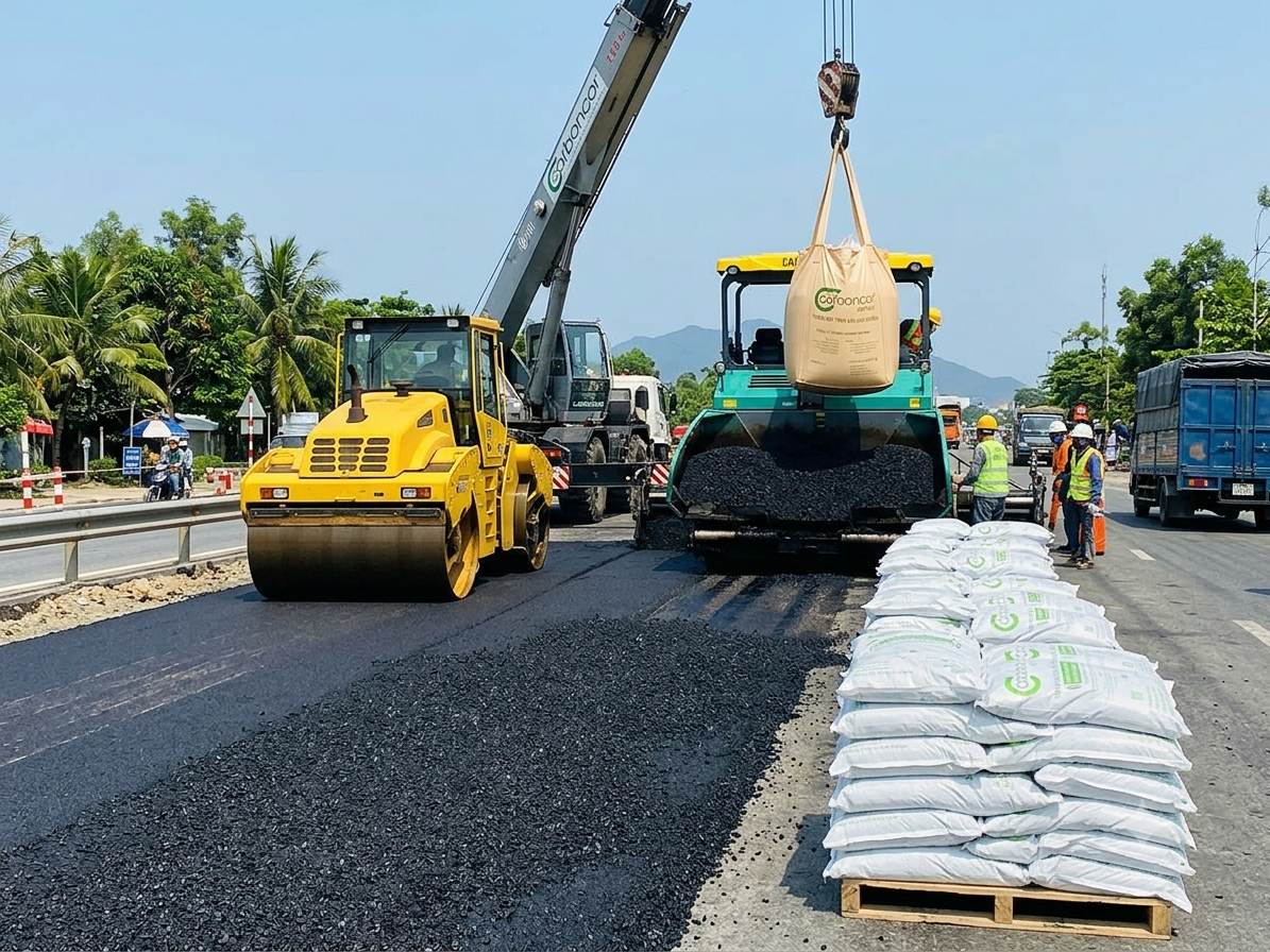 Thi công bê tông nhựa nguội CA 19, bao Jumbo 1 tấn Carboncor Asphalt, rải thảm quốc lộ Thi công bê tông nhựa nguội CA 19, bao Jumbo 1 tấn Carboncor Asphalt, rải thảm quốc lộ