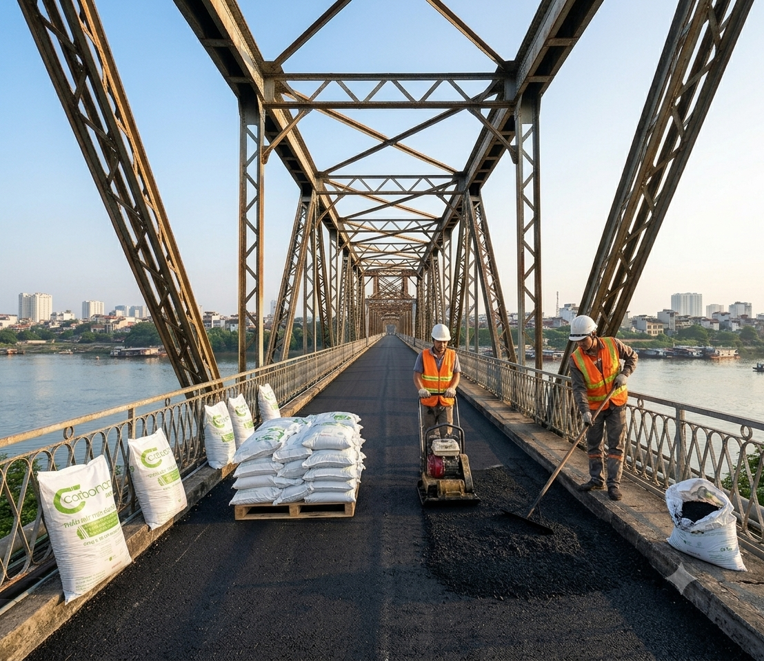 Quy trình thi công rải thảm bê tông nhựa nguội Carboncor Asphalt không gia nhiệt bảo vệ kết cấu thép cầu Long Biên