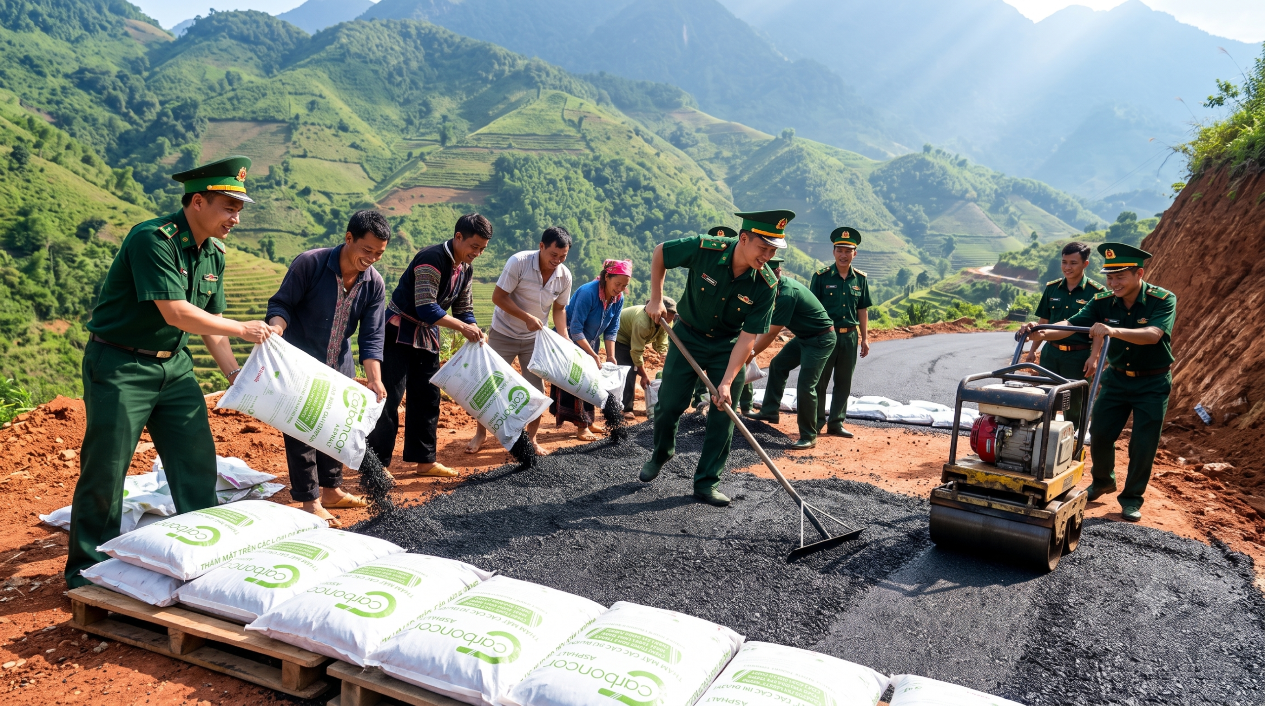 Thi công đường liên bản, bao nhựa đường nguội Carboncor Asphalt 25kg, làm đường vùng cao