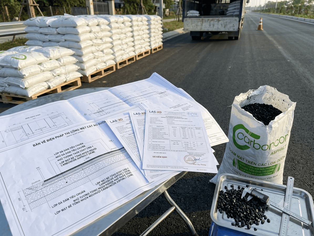 Bản vẽ thiết kế biện pháp thi công, thí nghiệm kiểm định, Carboncor Asphalt bao 25kg