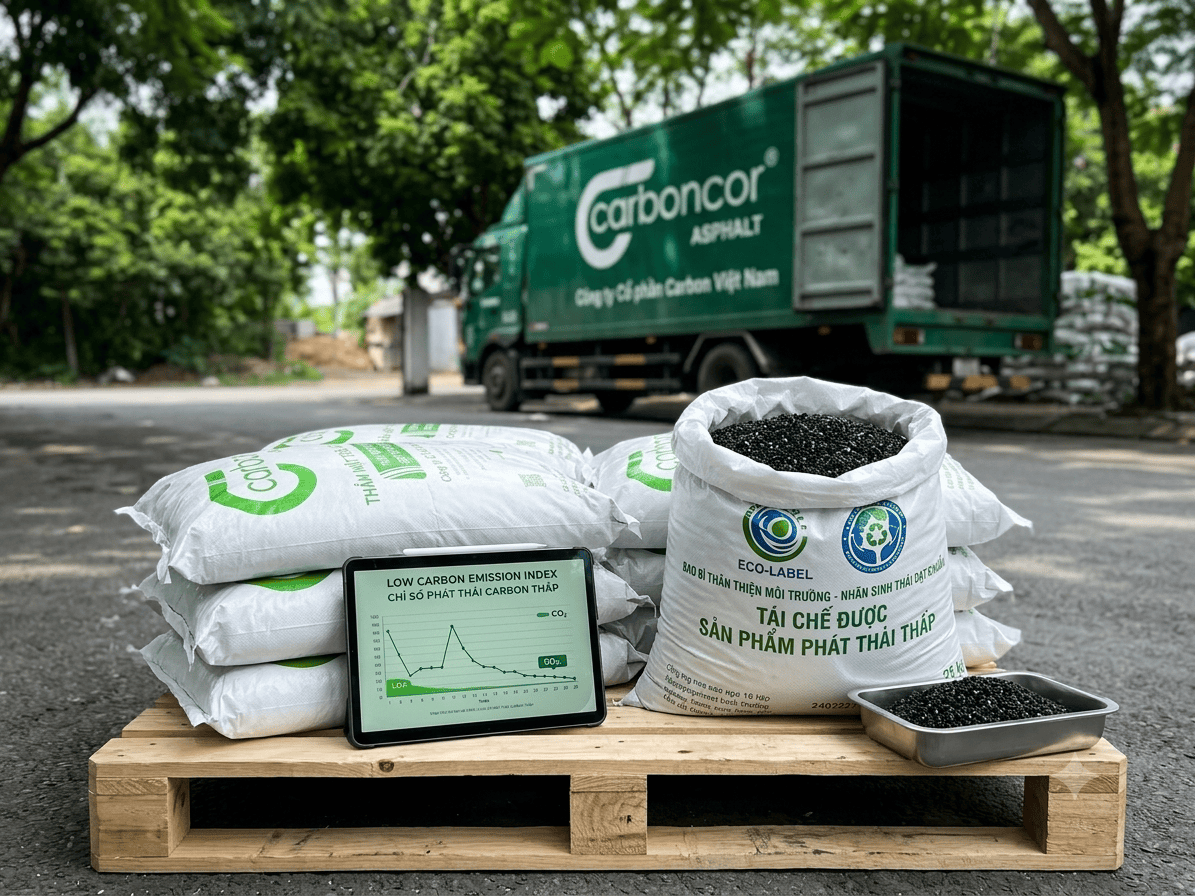 Bao bì Carboncor Asphalt 25kg, nhãn sinh thái, vật liệu xây dựng thân thiện môi trường.