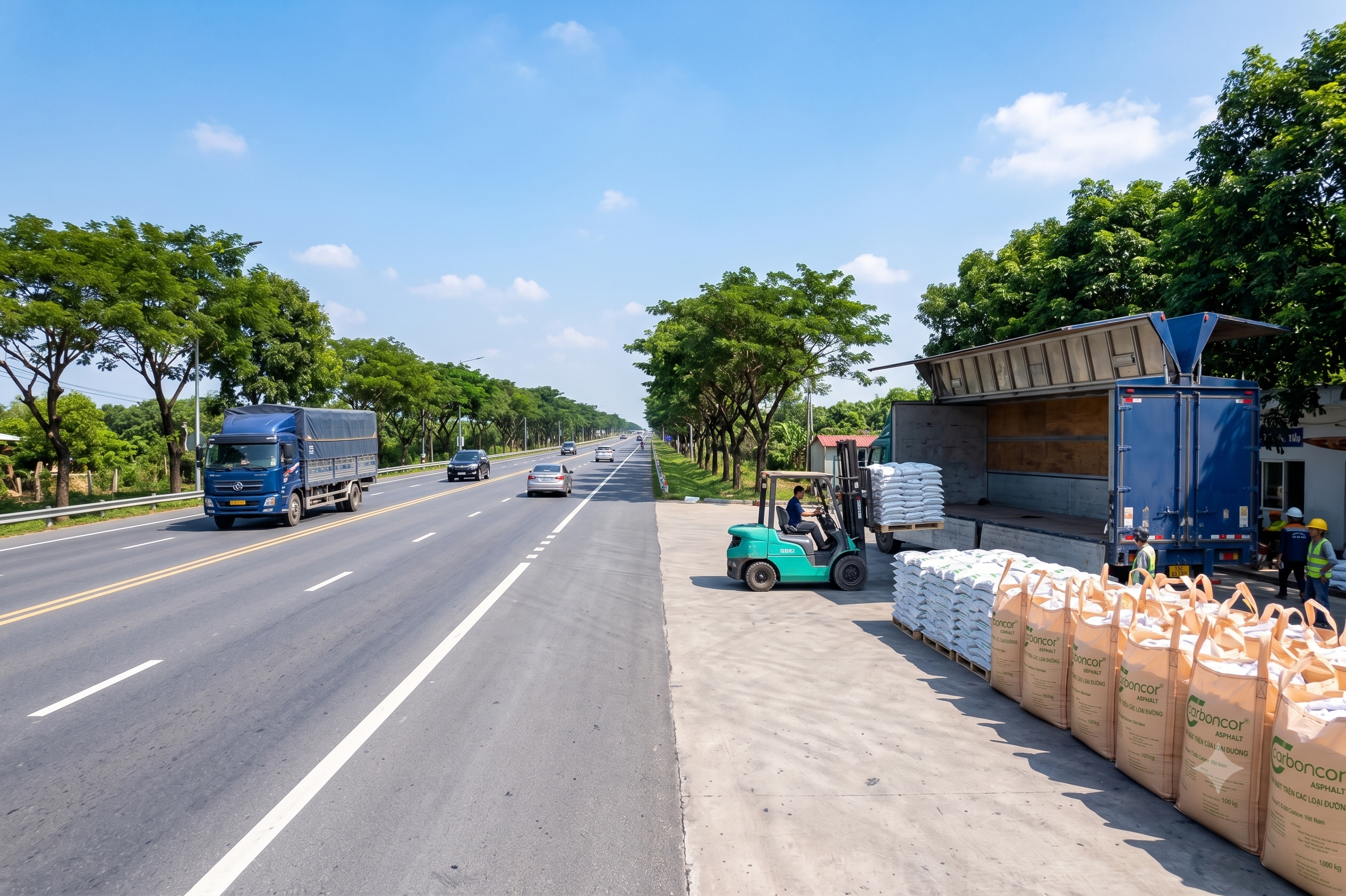 Bảo trì mặt đường quốc lộ, pallet bao 25kg, bao Jumbo 1 tấn Carboncor Asphalt, thông xe êm ái