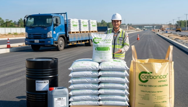 Bitum là gì, phân biệt nhựa đường đặc 60 70 nhũ tương, bê tông nhựa nguội Carboncor Asphalt bao 25kg, bao Jumbo 1 tấn