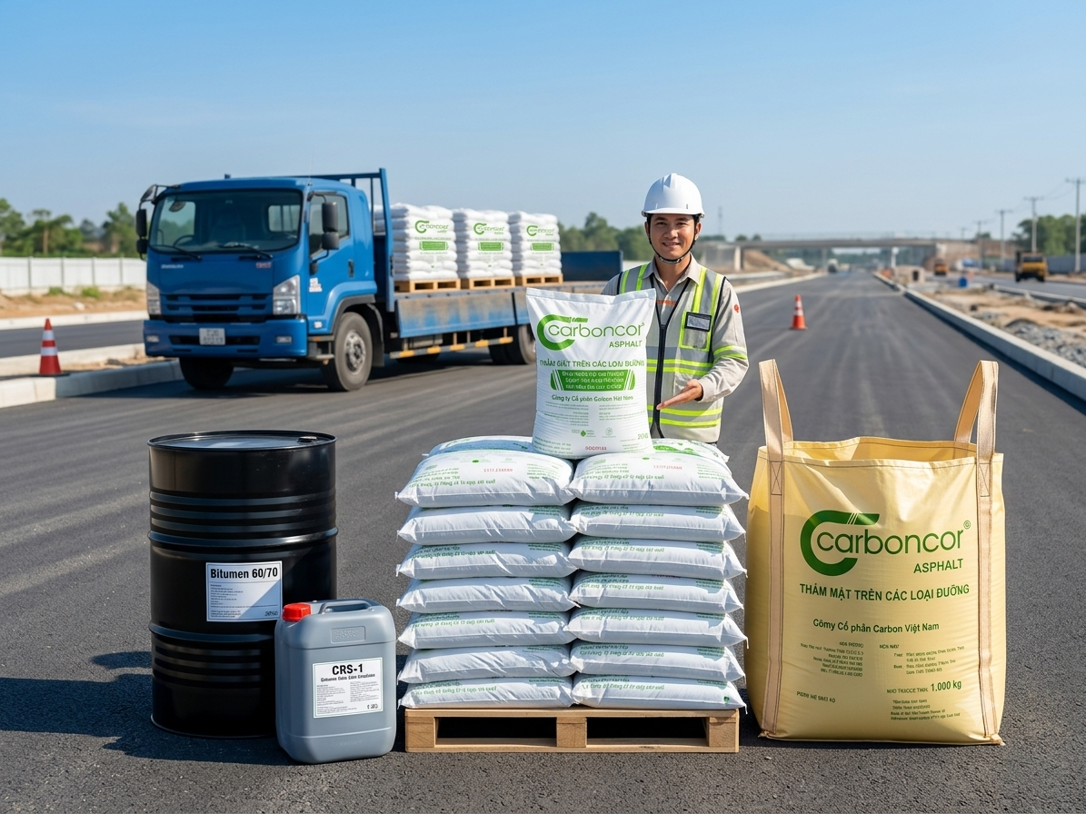 Bitum là gì, phân biệt nhựa đường đặc 60 70 nhũ tương, bê tông nhựa nguội Carboncor Asphalt bao 25kg, bao Jumbo 1 tấn