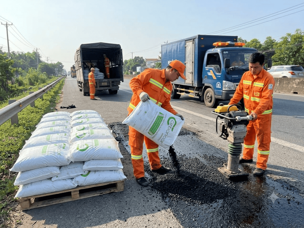 Dặm vá khẩn cấp mặt đường quốc lộ, bao Carboncor Asphalt 25kg, sửa chữa ổ gà