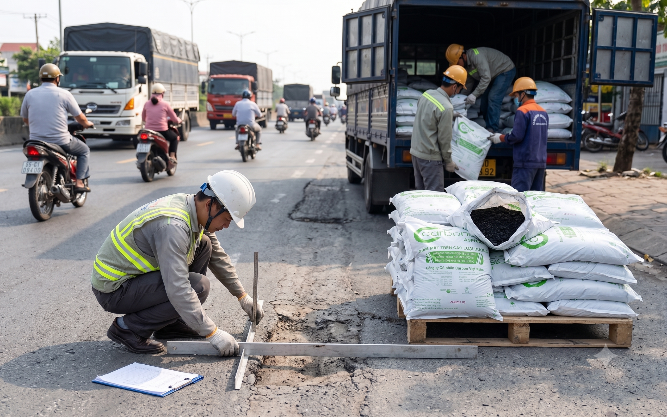 Đánh giá mặt đường QL10, xe tải bốc dỡ bao Carboncor 25kg, nhựa đường nguội