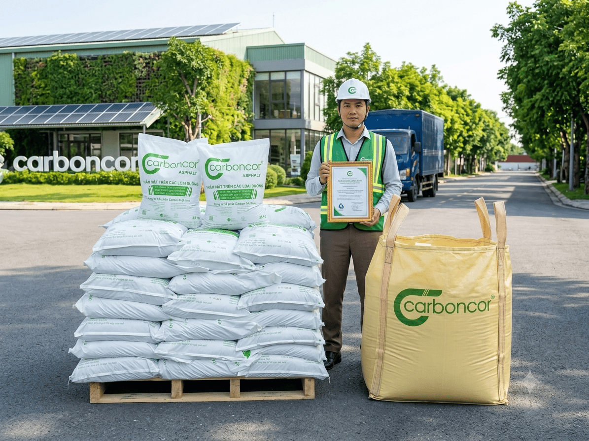 Doanh nghiệp vật liệu xây dựng dán nhãn năng lượng xanh, Carboncor Asphalt, bao 25kg, bao Jumbo 1 tấn