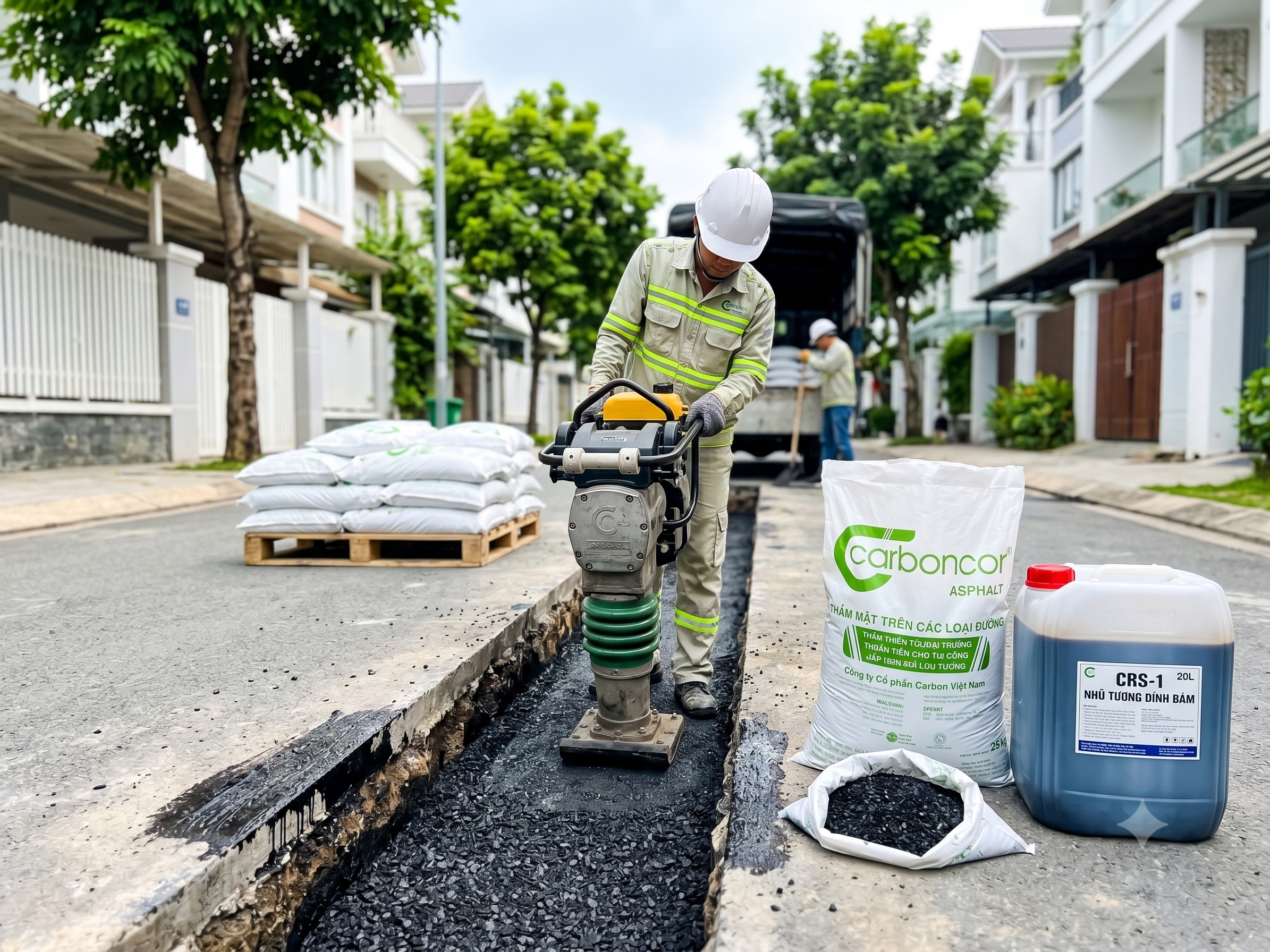 Hoàn trả rãnh đào cáp ngầm, đầm cóc rãnh hẹp, bao Carboncor Asphalt 25kg, nhũ tương CRS 1 Hoàn trả rãnh đào cáp ngầm, đầm cóc rãnh hẹp, bao Carboncor Asphalt 25kg, nhũ tương CRS 1