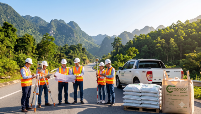 Khảo sát thực địa QL6 QL40B, bê tông nhựa nguội Carboncor Asphalt, pallet bao 25kg, bao Jumbo 1 tấn