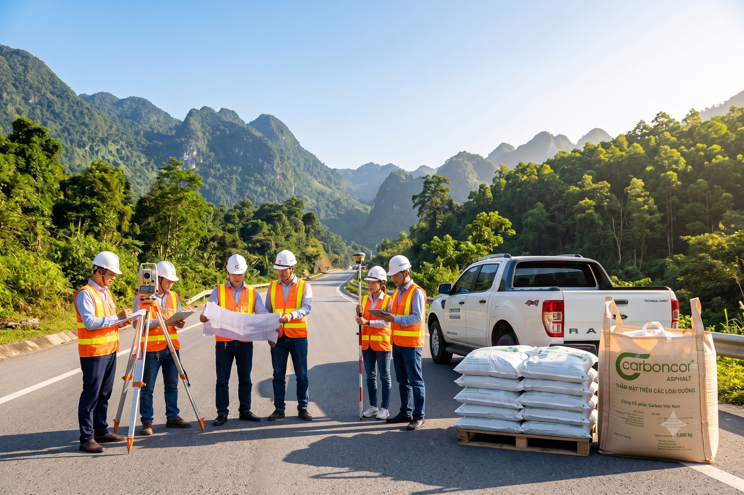 Khảo sát thực địa QL6 QL40B, bê tông nhựa nguội Carboncor Asphalt, pallet bao 25kg, bao Jumbo 1 tấn