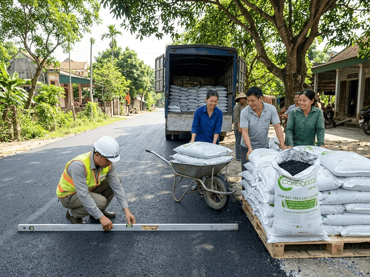 Kiểm tra chất lượng mặt đường nông thôn, thảm nhựa Carboncor Asphalt, pallet bao 25kg