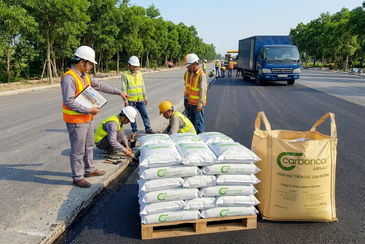 Lỗi thường gặp khi thi công bê tông nhựa nguội, Carboncor Asphalt, bao 25kg, bao Jumbo 1 tấn