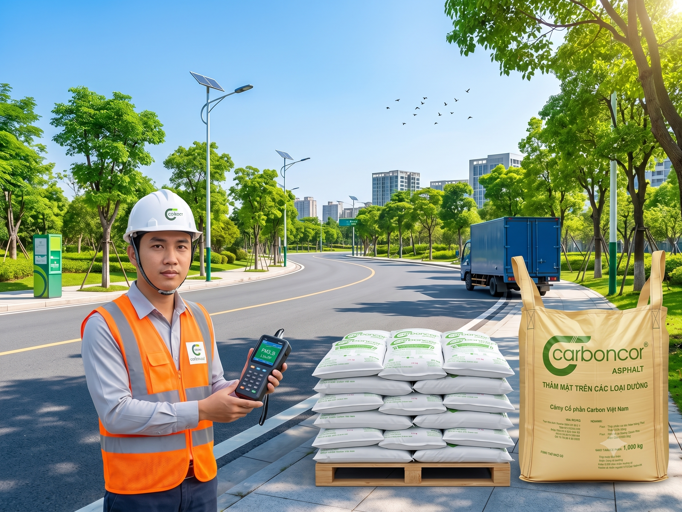 Net Zero Carboncor Asphalt, giảm phát thải CO2, bê tông nhựa nguội, bao 25kg, bao Jumbo 1 tấn