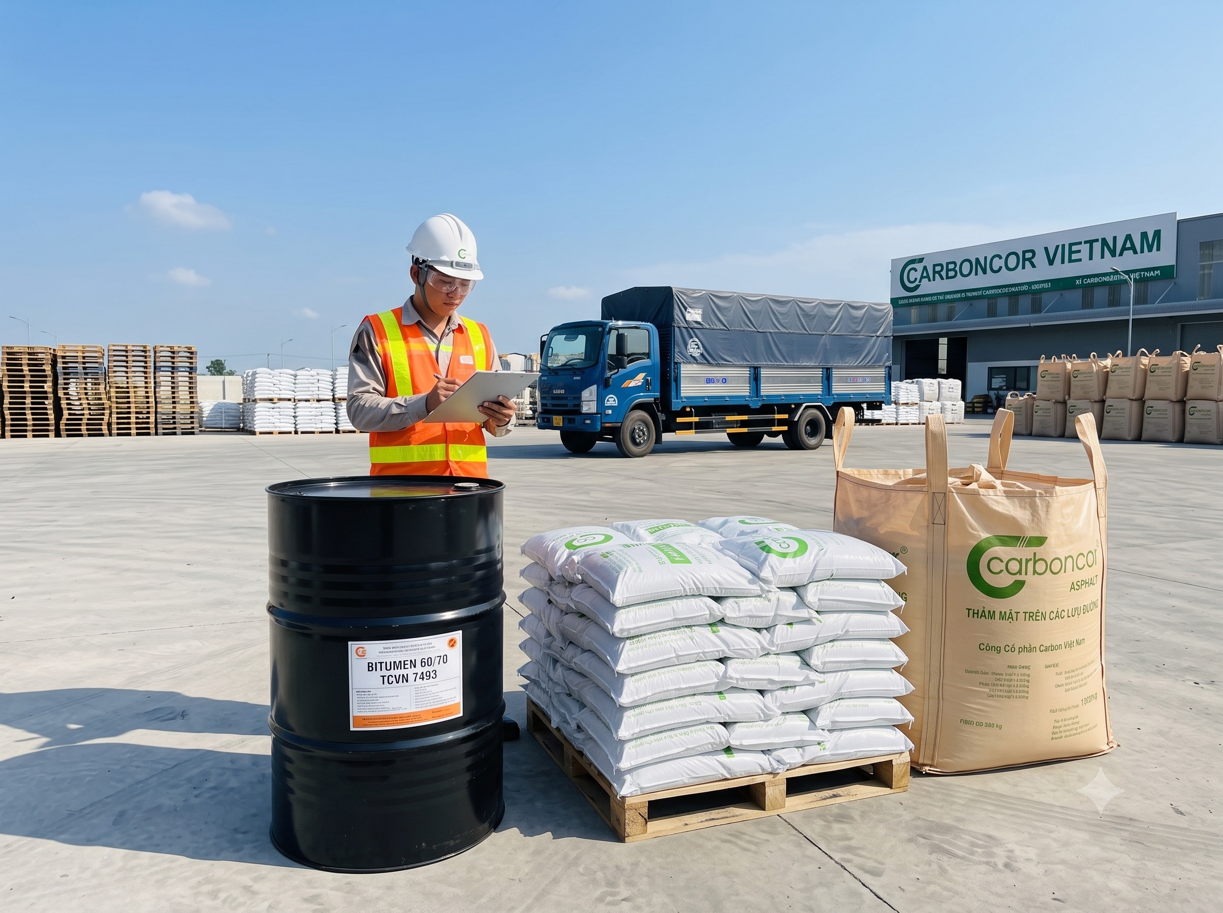 Nhựa đường đặc 60 70, tiêu chuẩn TCVN 7493, Carboncor Asphalt bao 25kg, bao Jumbo 1 tấn