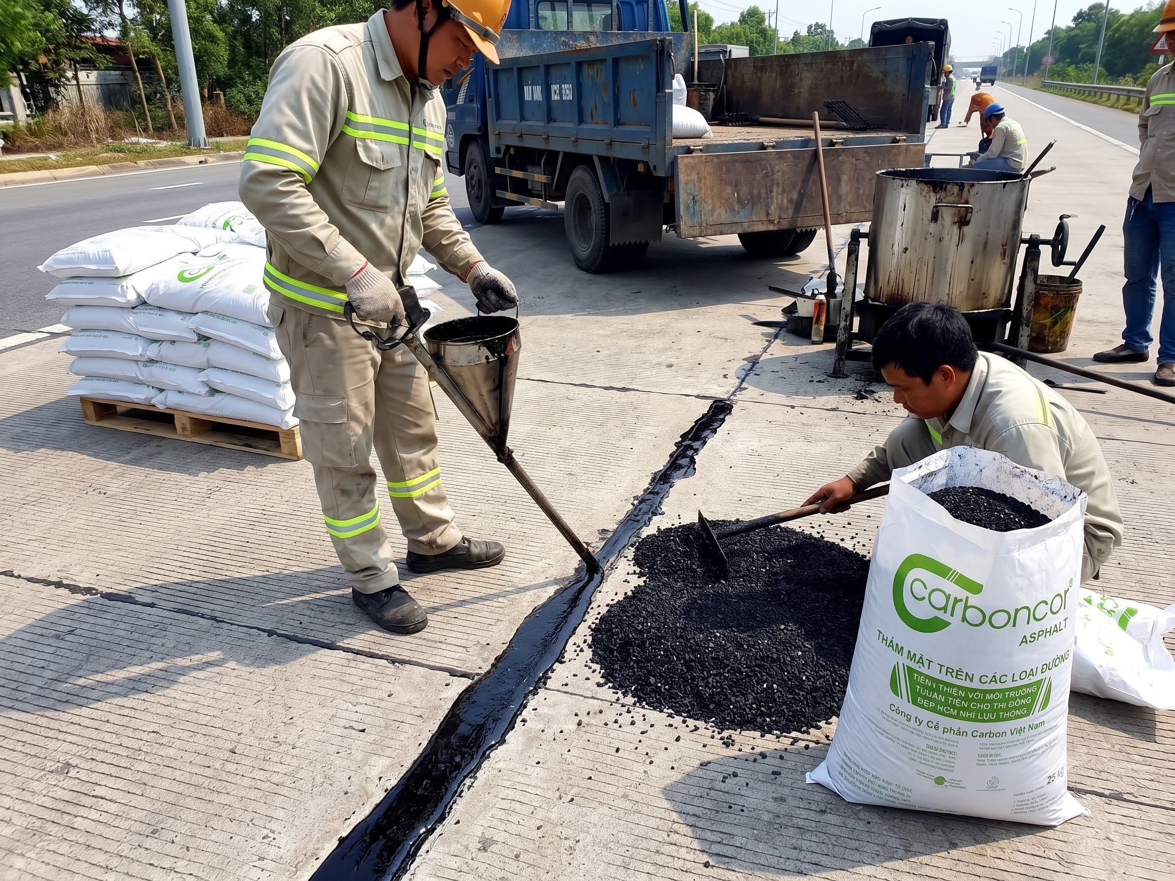 Rót matit chèn khe co giãn, thảm nhựa Carboncor Asphalt bao 25kg, chống thấm khe co giãn