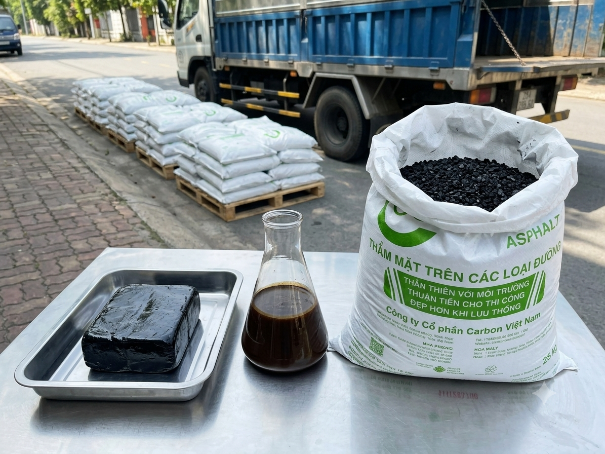 So sánh nhựa đường đặc 60 70 nhũ tương CRS 1, Carboncor Asphalt bao 25kg, bitum đường bộ
