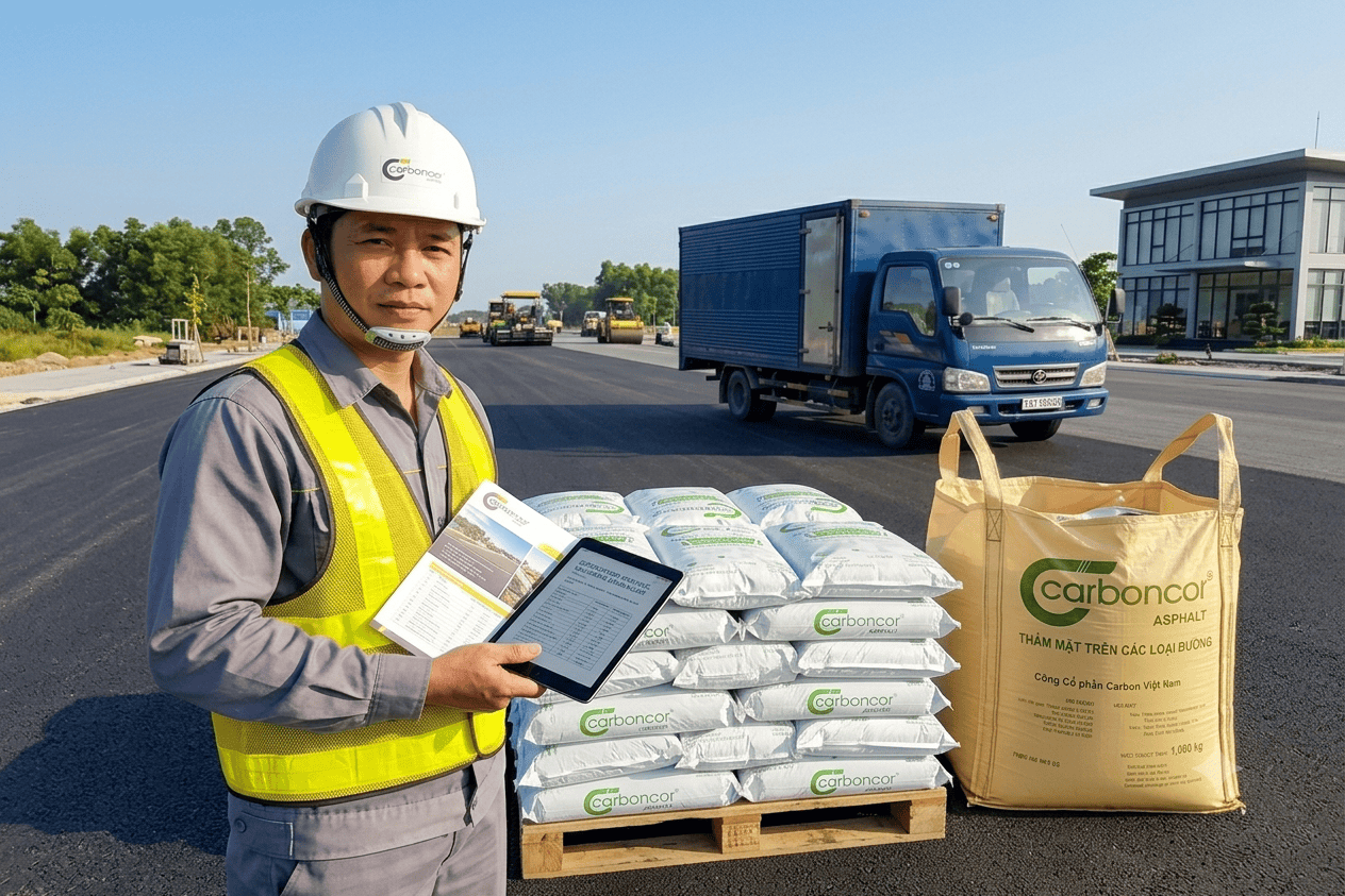 Tài liệu kỹ thuật Carboncor Asphalt PDF, tiêu chuẩn thiết kế thi công, bao 25kg, bao Jumbo 1 tấn