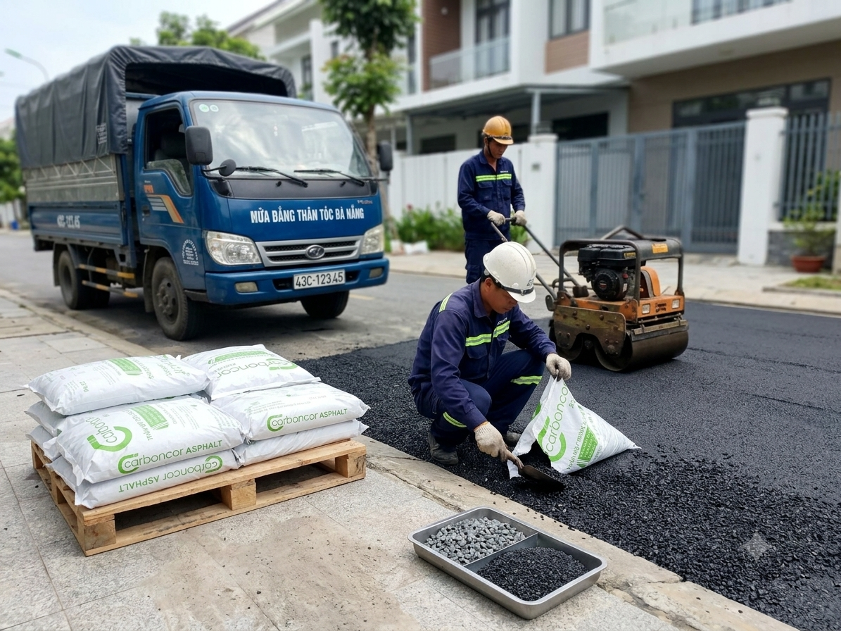 Thảm bê tông nhựa nguội 1 lớp, bao Carboncor Asphalt 25kg, mặt đường không đá văng.