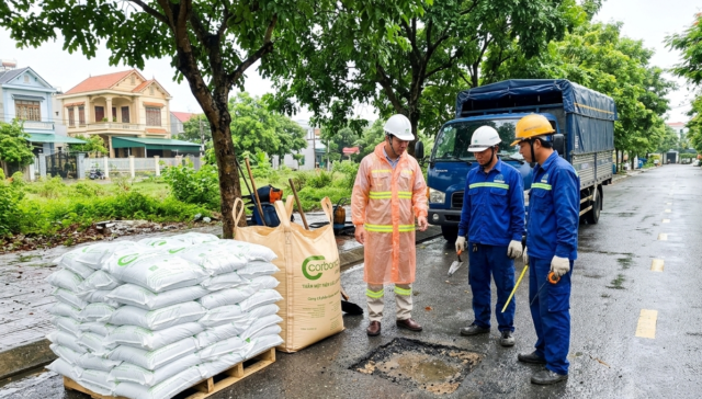 Thi công bê tông nhựa nguội mùa mưa nền ẩm, Carboncor Asphalt, pallet bao 25kg, bao Jumbo 1 tấn