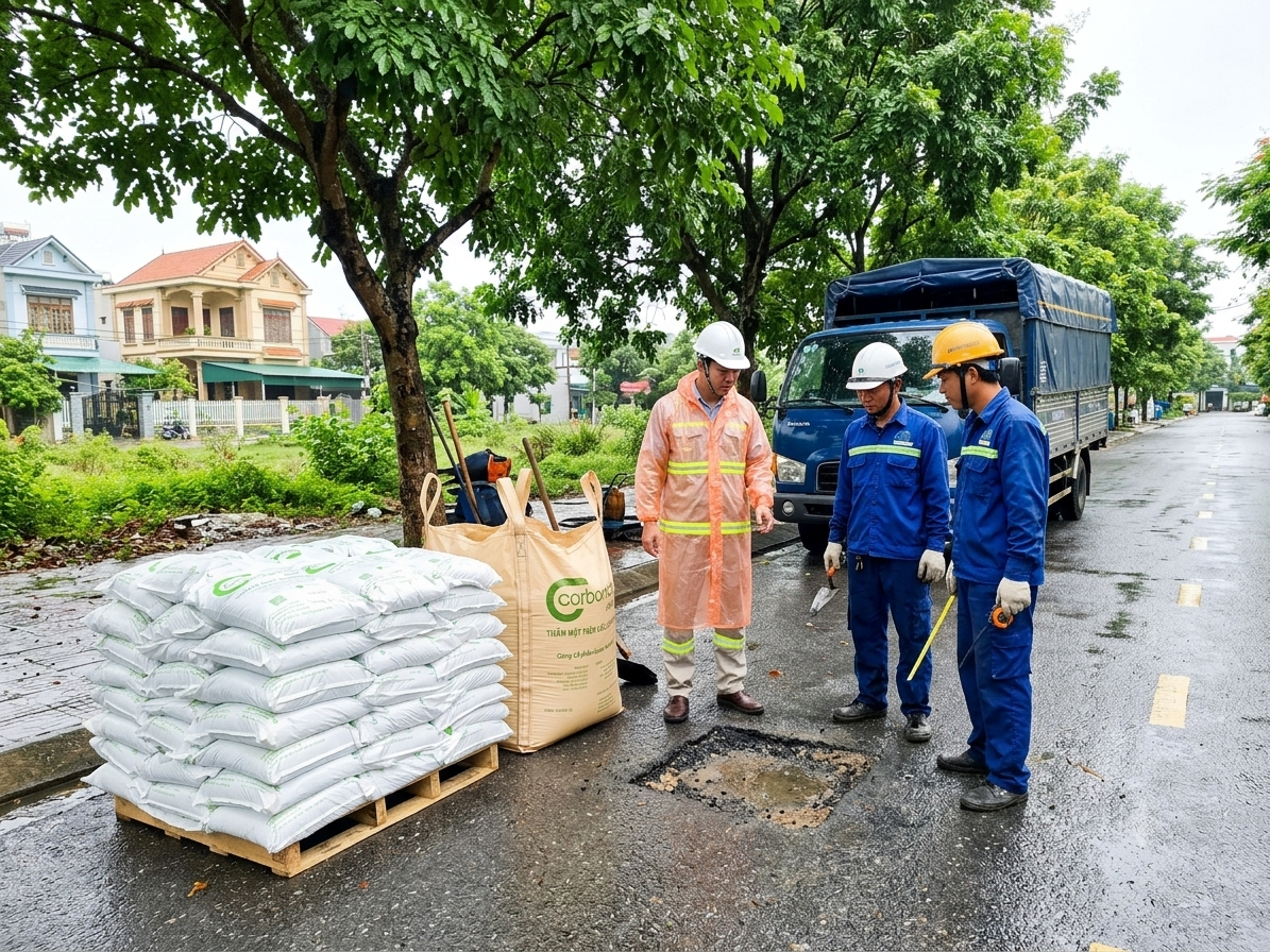 Thi công bê tông nhựa nguội mùa mưa nền ẩm, Carboncor Asphalt, pallet bao 25kg, bao Jumbo 1 tấn