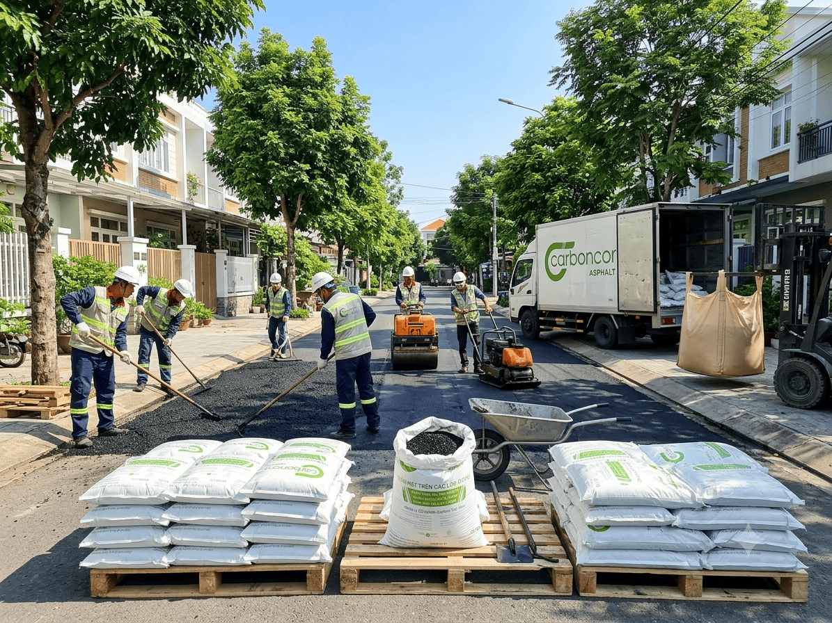 Thi công không khói nhiệt, Carboncor Asphalt bao 25kg thân thiện môi trường, nhựa đường nguội